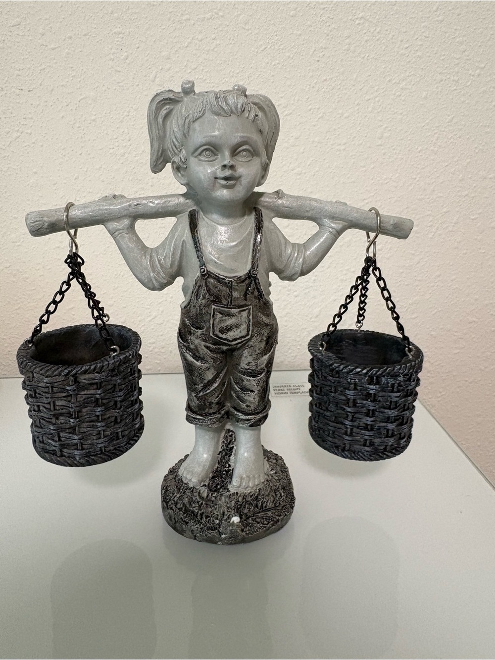 Gray Resin Girl Planter with Hanging Baskets - Home Art